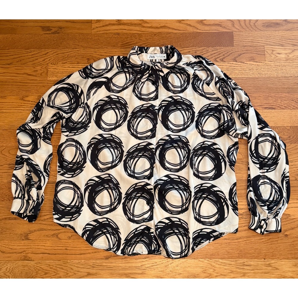 Zara Women Large Black White Abstract Swirl Print Button Down Viscose Blouse